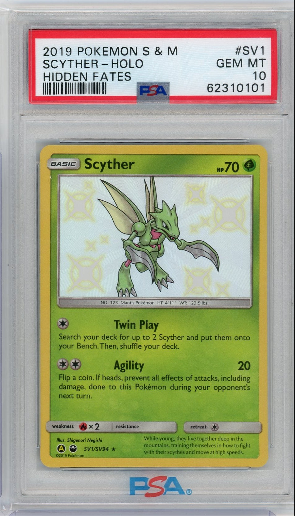 Scyther Pokémon Hidden Fates Shiny Holo Rare #SV1/SV94 PSA 10