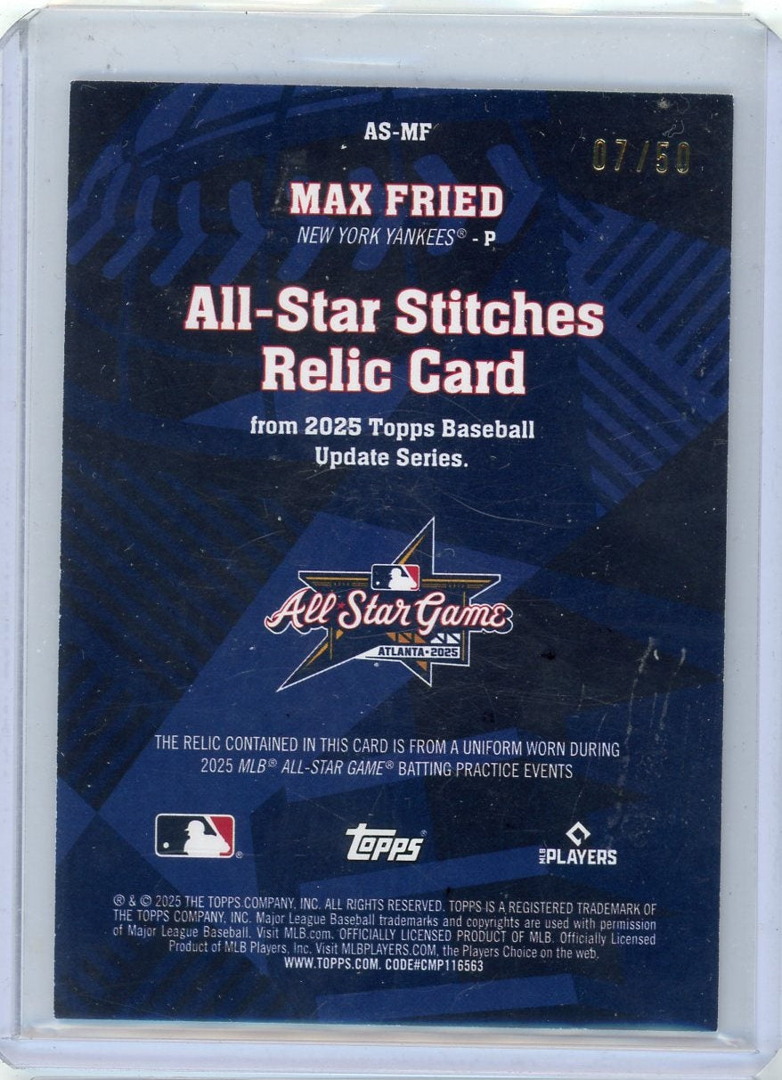 Max Fried 2025 Topps Update All-Star Stitches Gold #'d 07/50