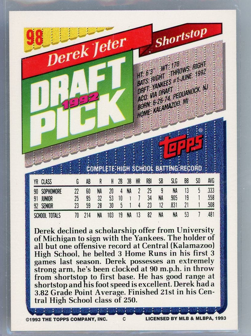 Derek Jeter 1992 Topps Draft Pick #98