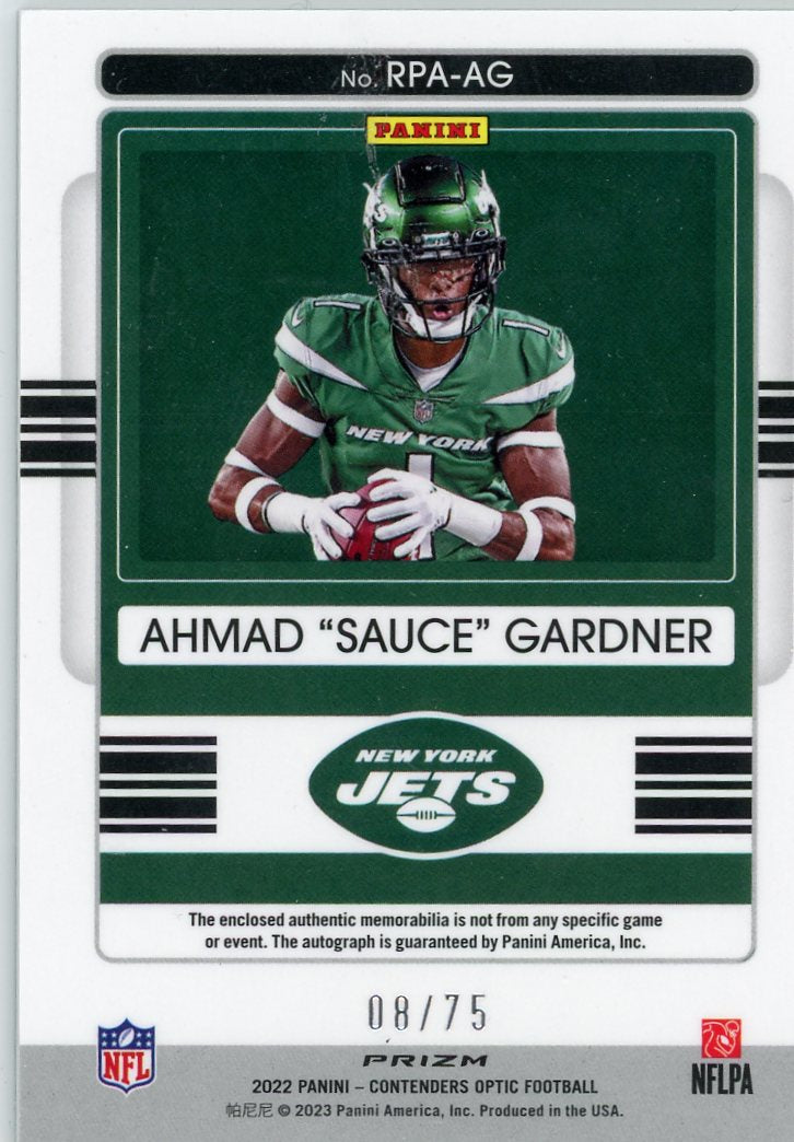 Ahmad "Sauce" Gardner 2022 Panini Contenders Optic RPA #'d 08/75