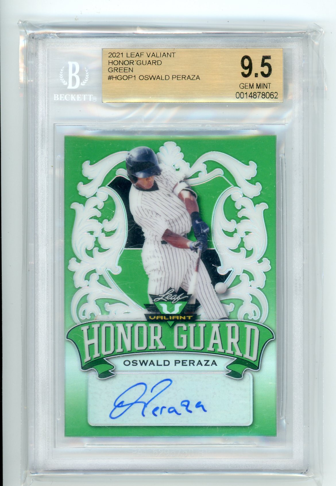 Oswald Peraza 2021 Leaf Valiant Honor Guard Green Auto BGS 9.5