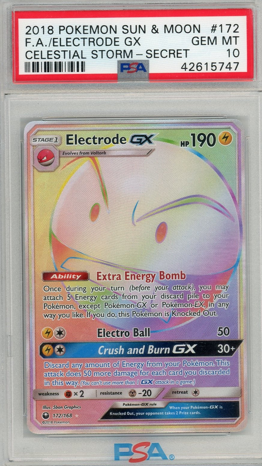 Electrode GX Pokémon Celestial Storm Rainbow Secret Rare #172/168 PSA 10