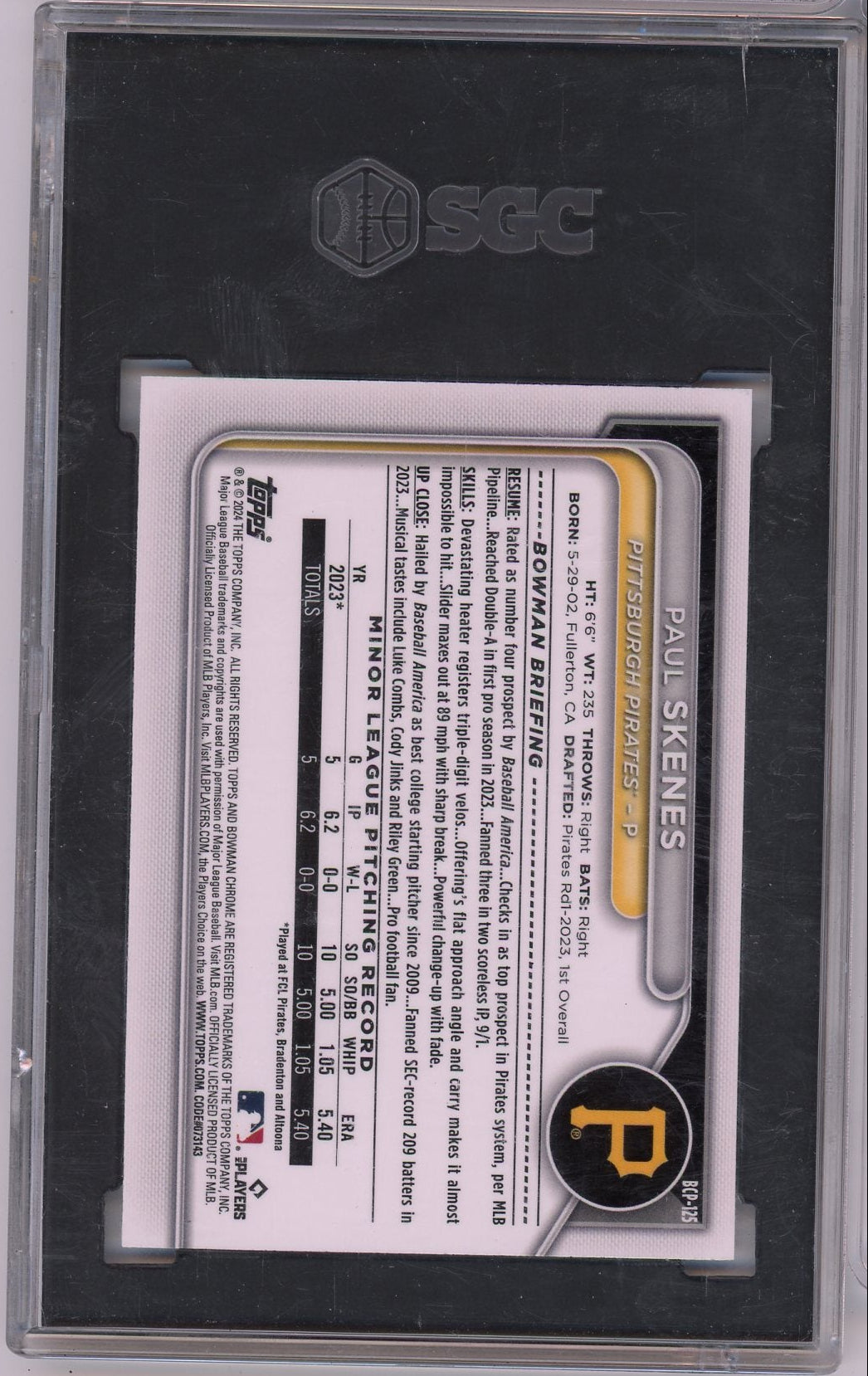 Paul Skenes 2024 Bowman Chrome Prospect Lava Refractor #'d 321/399 SGC 9.5