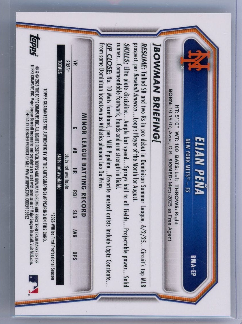Elian Pena 2026 Bowman Chrome Mega Box Autograph