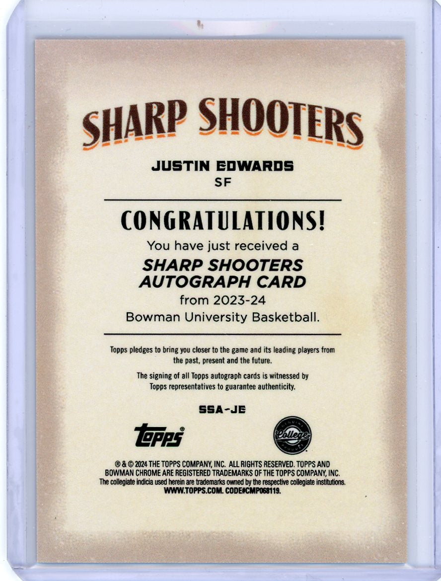 Justin Edwards 2023 Bowman Chrome University Sharp Shooters autograph orange #'d 11/25