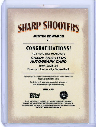 Justin Edwards 2023 Bowman Chrome University Sharp Shooters autograph orange #'d 11/25