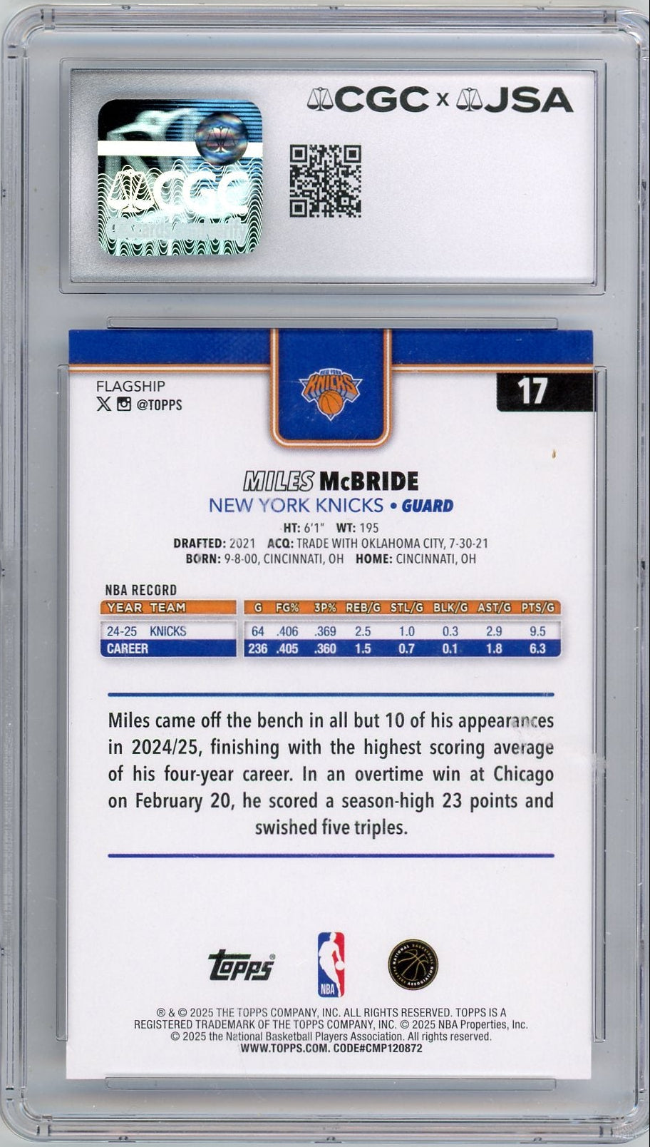 Miles McBride 2025-26 Topps CGC x JSA Authentic Auto