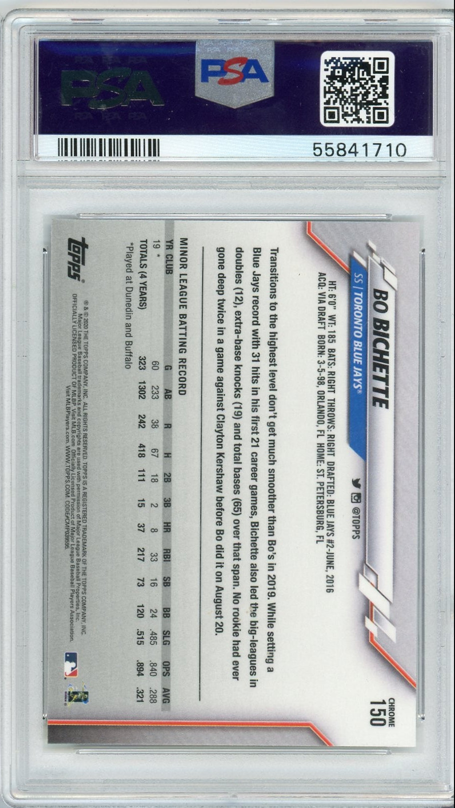 Bo Bichette 2020 Topps Chrome RC PSA 10