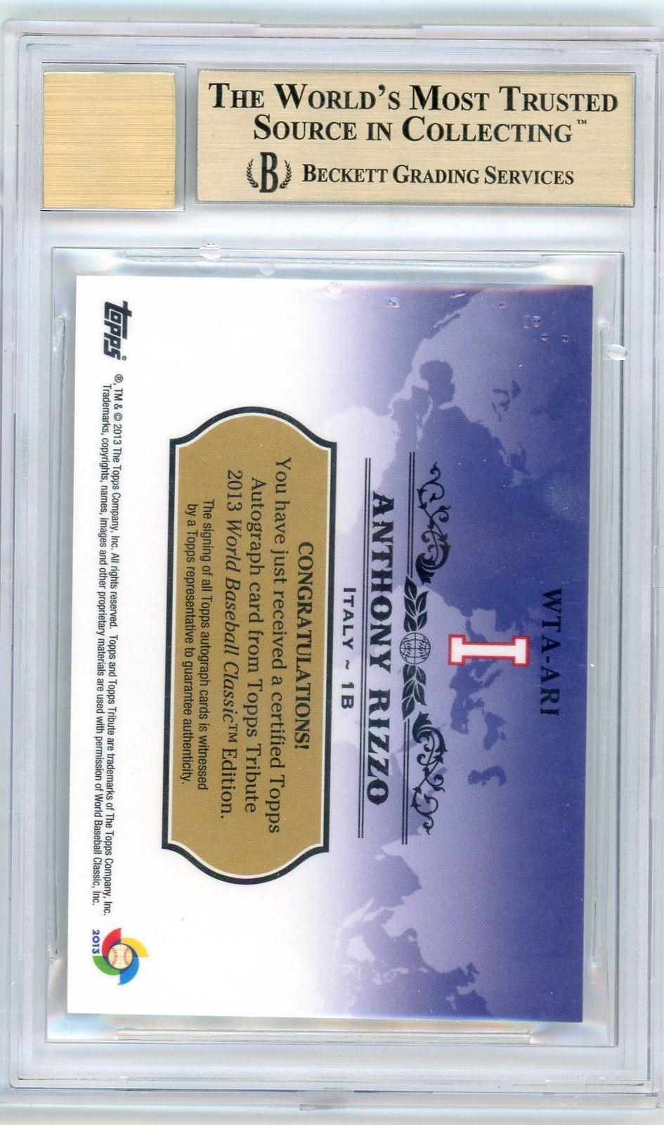 Anthony Rizzo 2013 Topps Tribute WBC autograph gold ref. #'d 12/15 BGS 9.5 AUTO 10