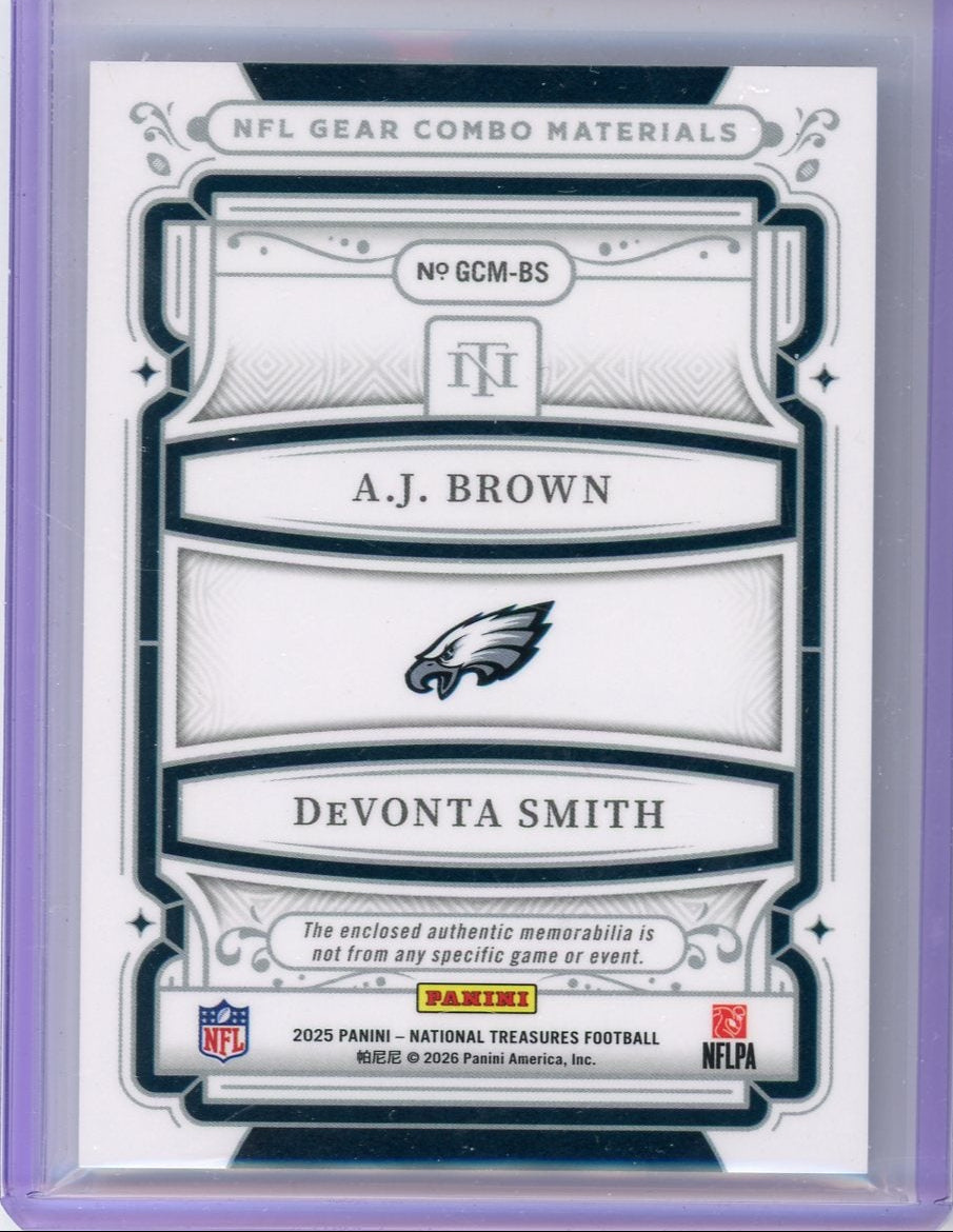 AJ Brown DeVonta Smith 2025 Panini National Treasures NFL Gear Materials dual relic #'d 17/99