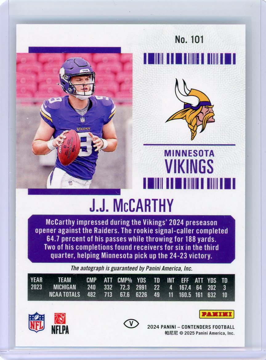 JJ McCarthy 2024 Panini Contenders Rookie Ticket autograph