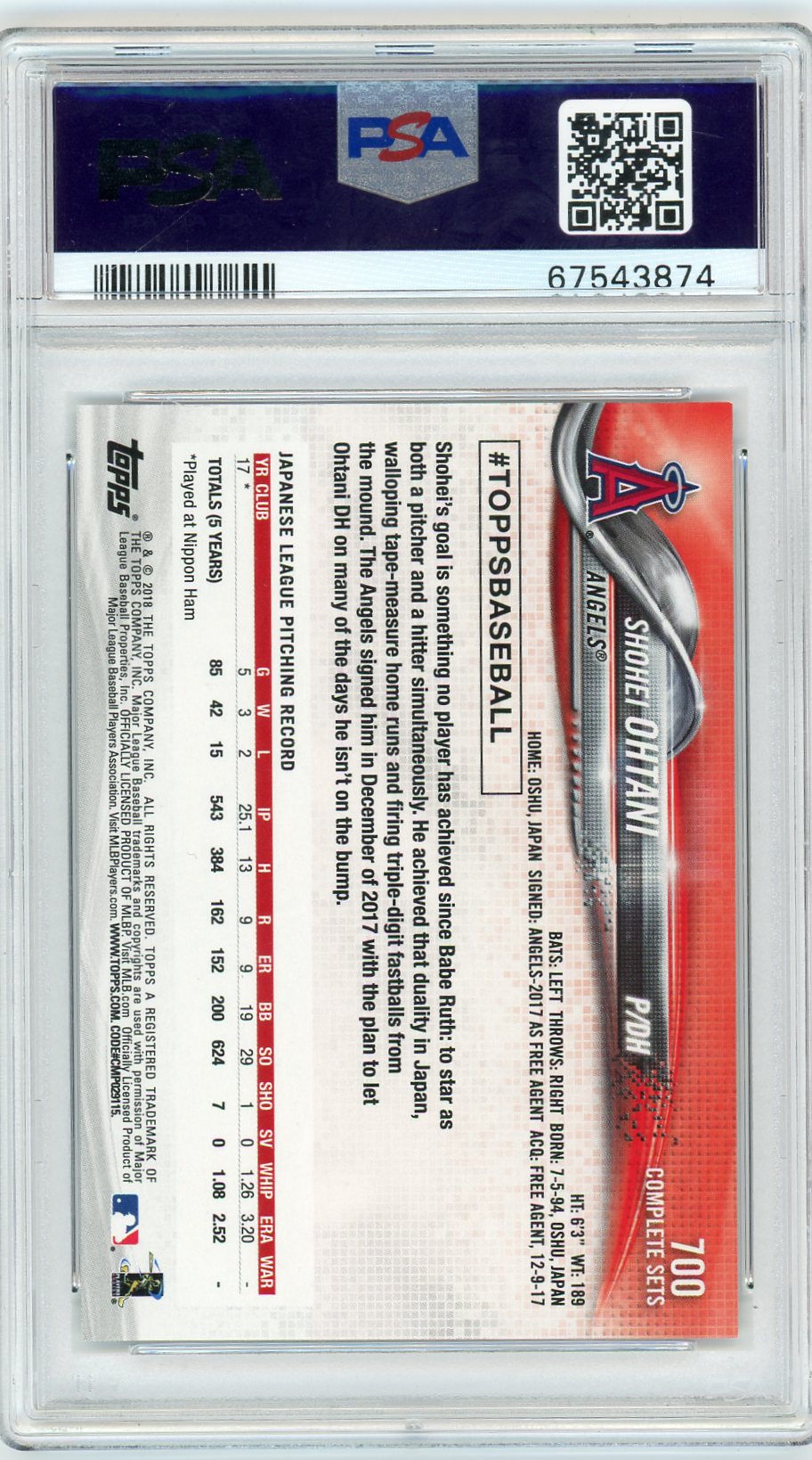 Shohei Ohtani 2018 Topps Complete Set Retail RC PSA 9