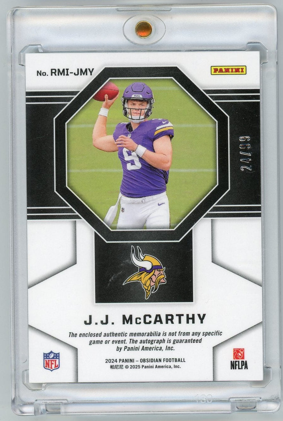JJ McCarthy 2024 Panini Obsidian RPA #'d 24/99