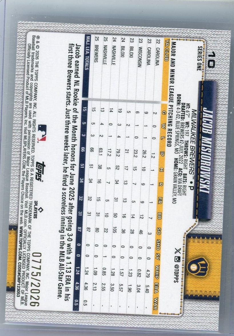 Jacob Misiorowski 2026 Topps gold rookie card #'d 0775/2026