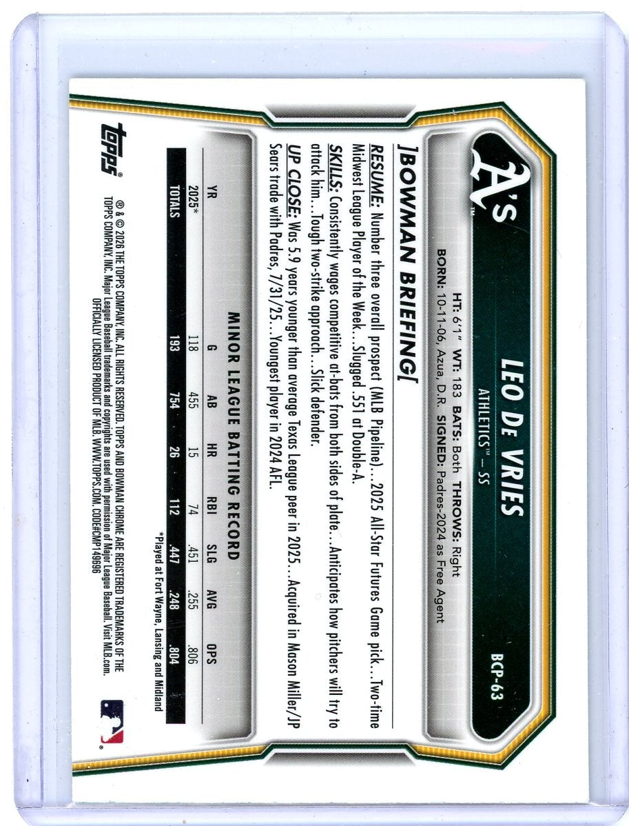 Leo De Vries 2026 Bowman Chrome Prospects Green Mojo Refractor #'d 48/99
