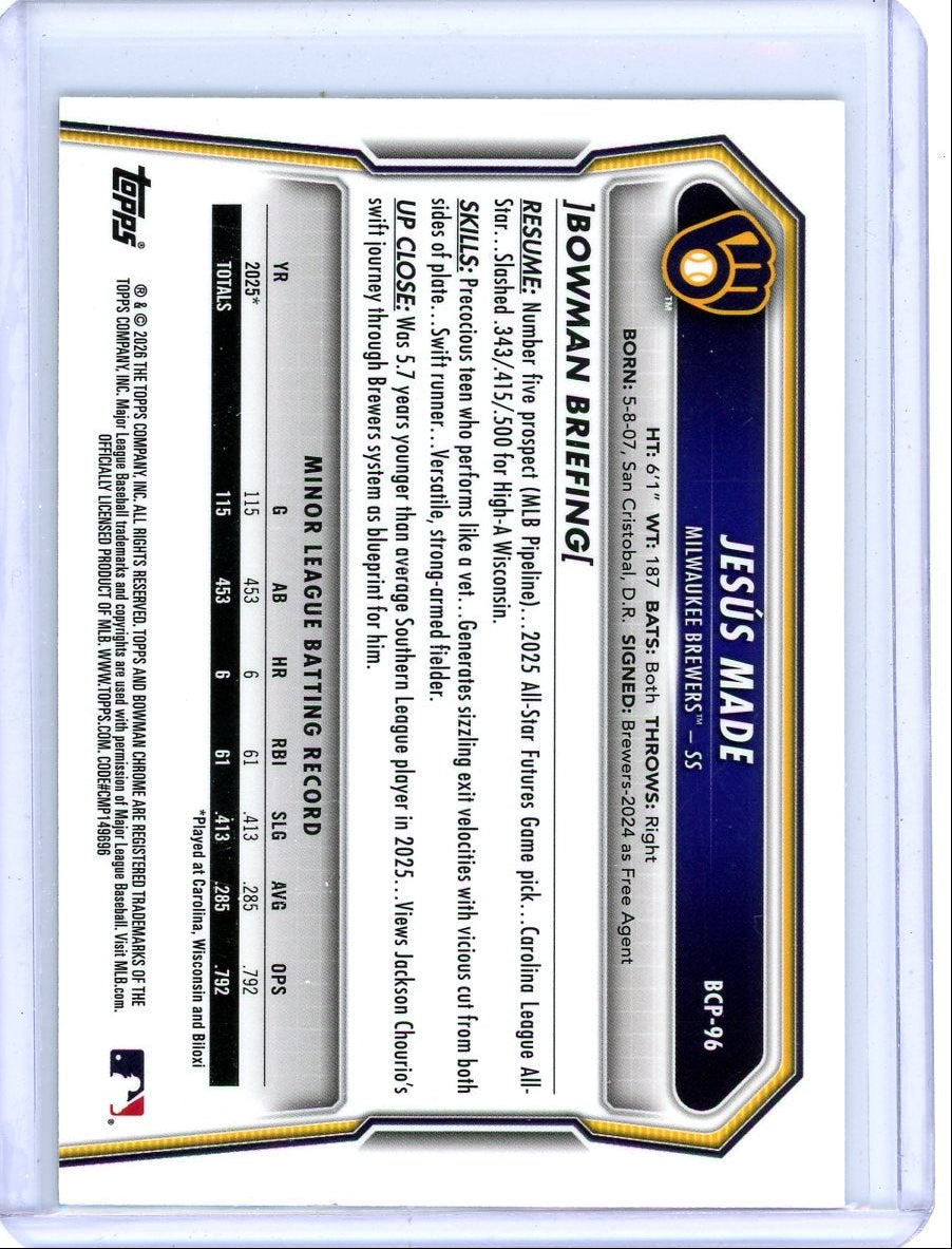 Jesús Made 2026 Bowman Chrome Prospects Burgundy Mojo Refractor #'d 197/275