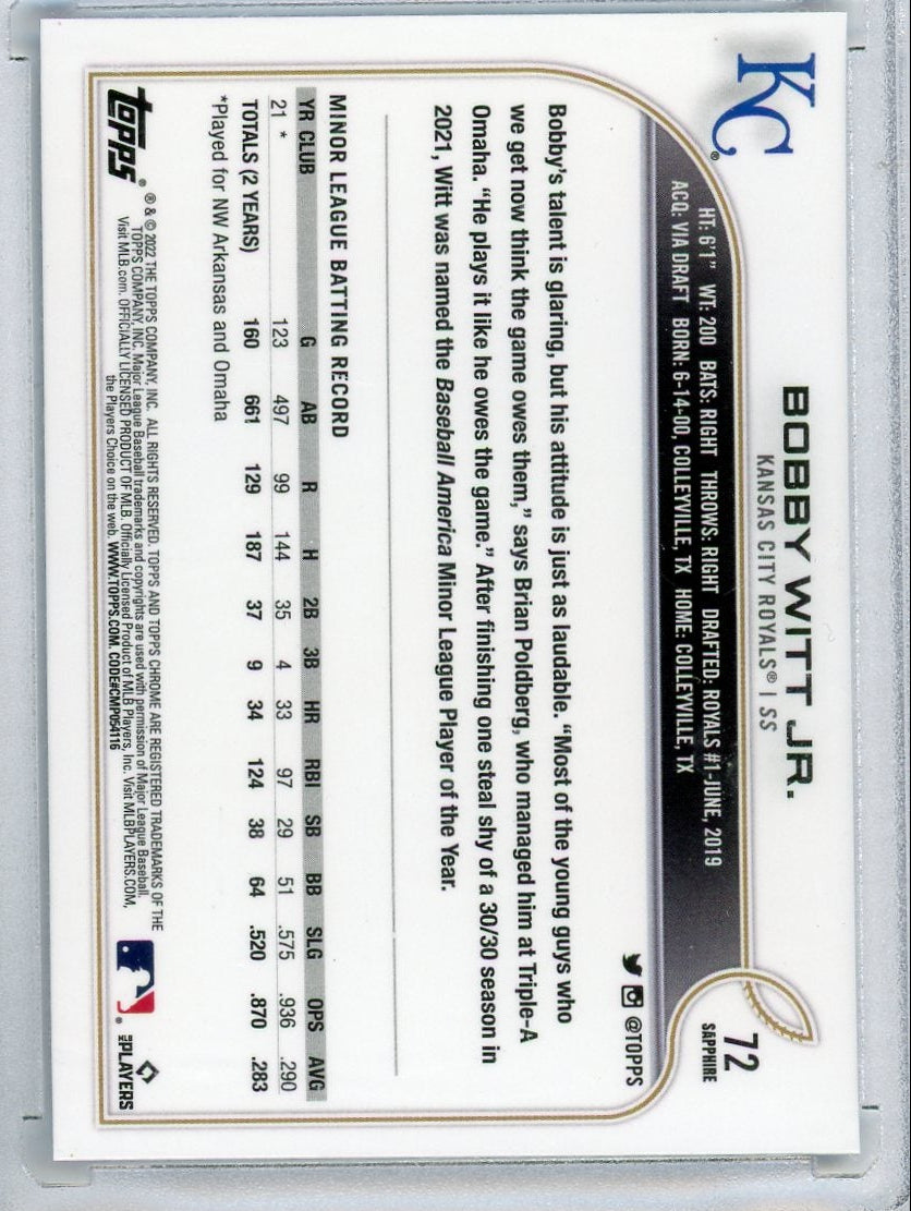 Bobby Witt Jr. 2022 Topps Chrome Sapphire rookie card #72