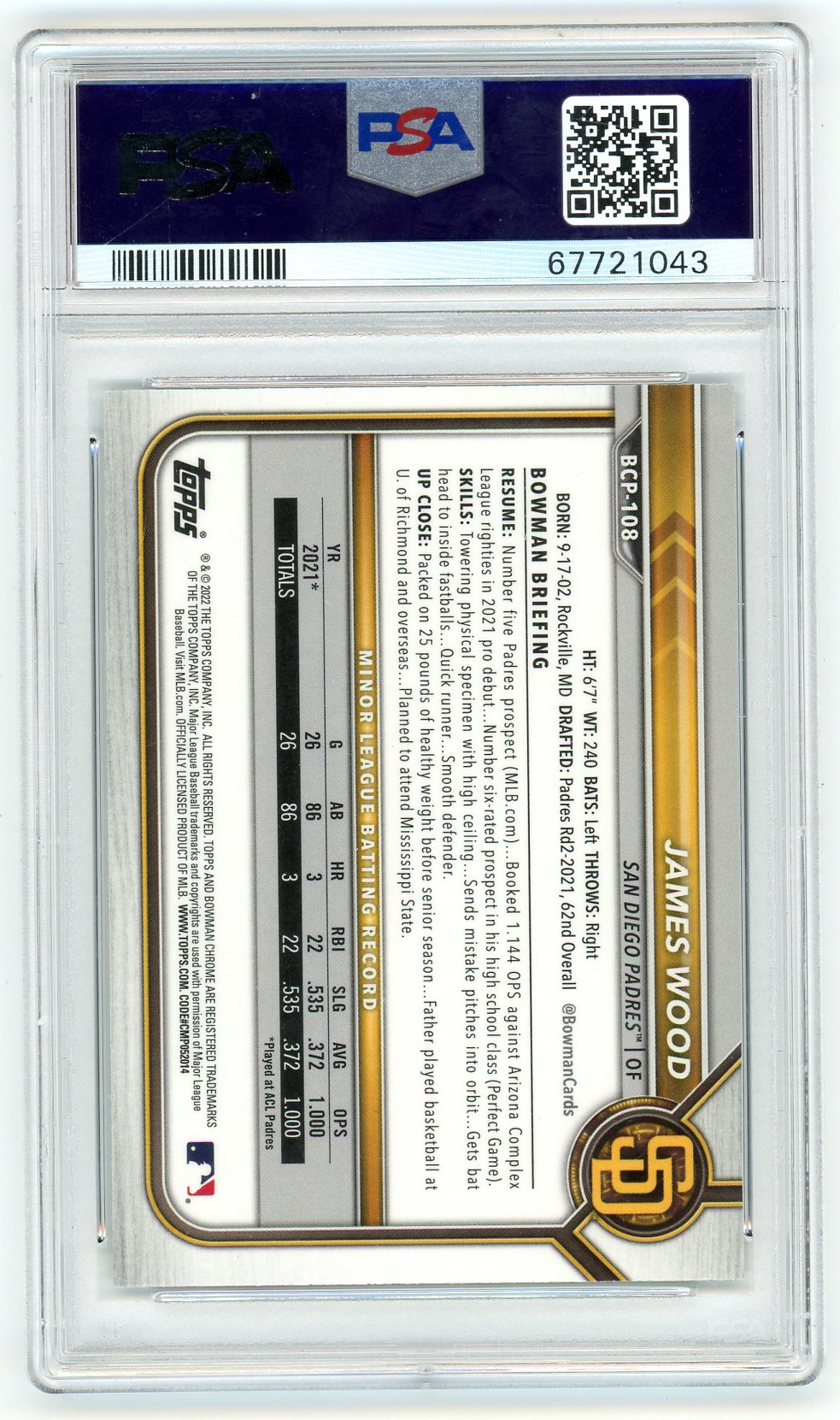 James Wood 2022 Bowman Chrome 1st Mojo Refractor PSA 10