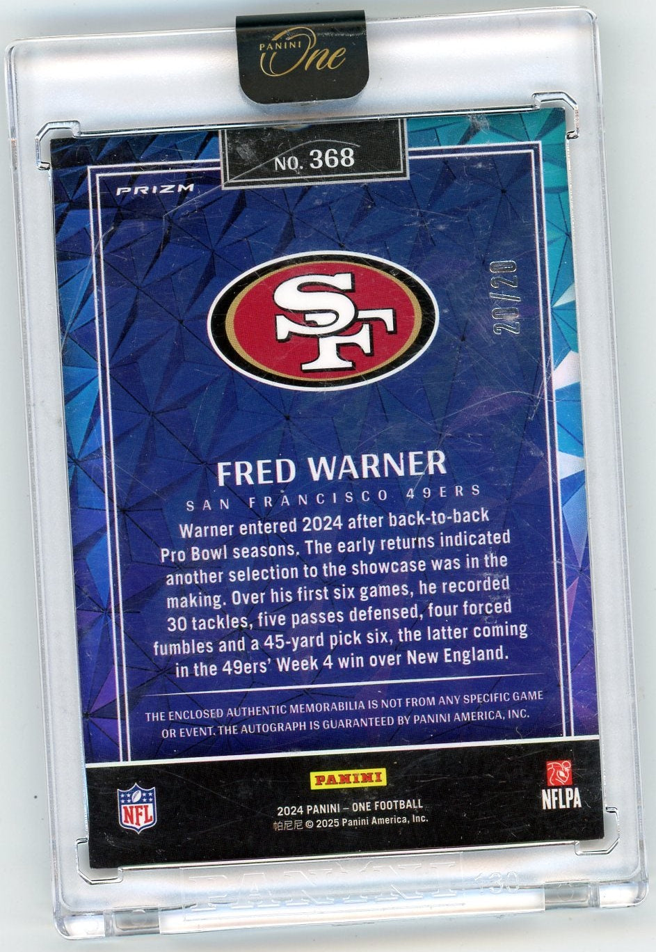 Fred Warner 2024 Panini One Wonderful Ones autograph #'d 20/20