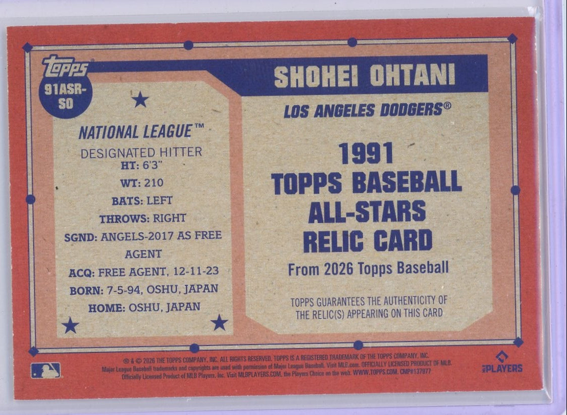 Shohei Ohtani 2026 Topps Series 2 1991 All-Star Relic #91ASR-SO