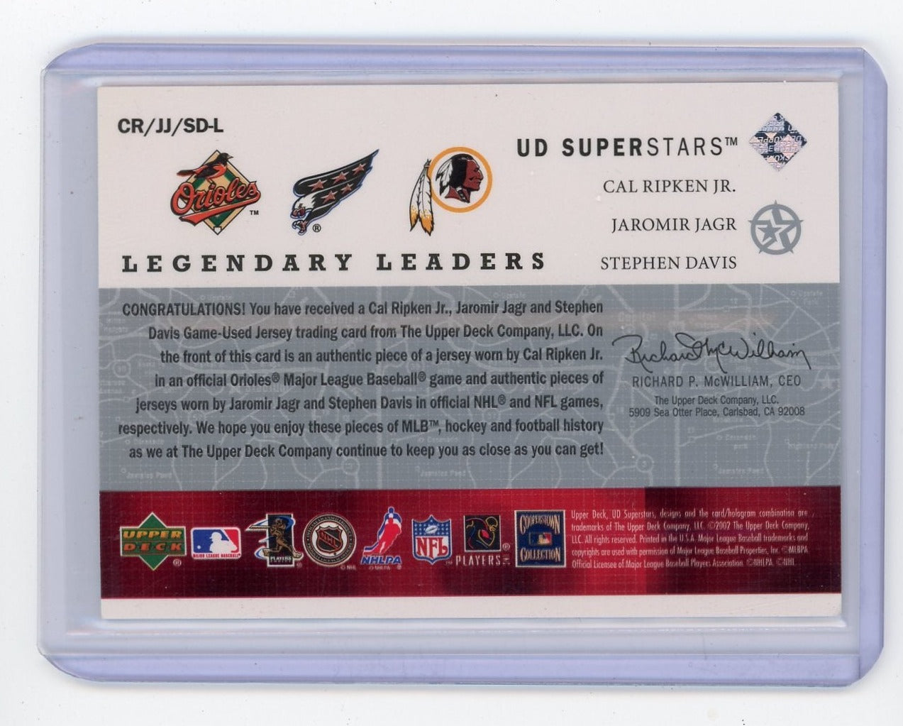 Cal Ripken Jr. Jaromir Jagr Stephen Davis 2002 Upper Deck Legendary Leaders triple relic #'d 205/250