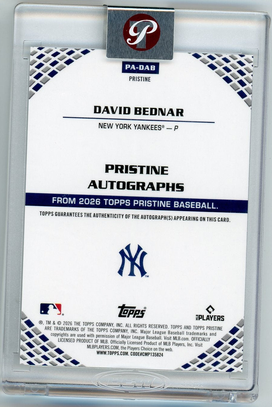 David Bednar 2026 Topps Pristine Autographs #PA-DAB