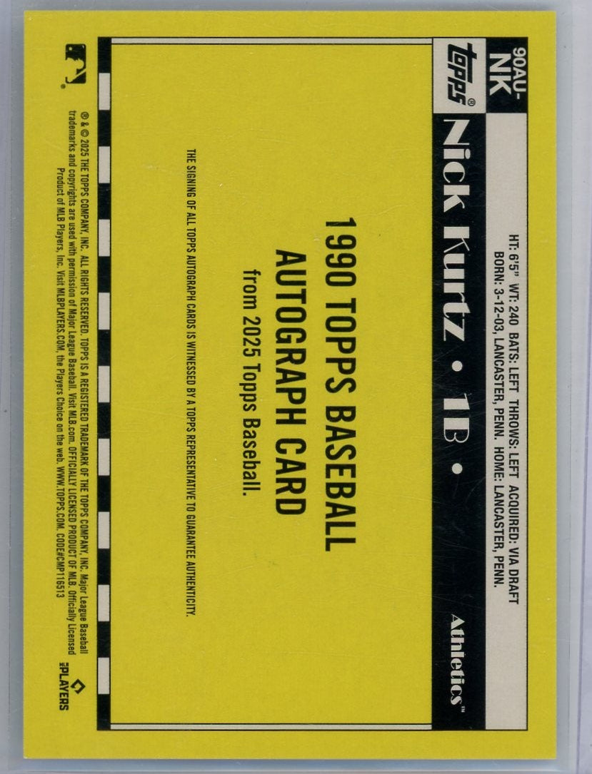 Nick Kurtz 2025 Topps Update Series 1990 Topps Baseball Autographs RC