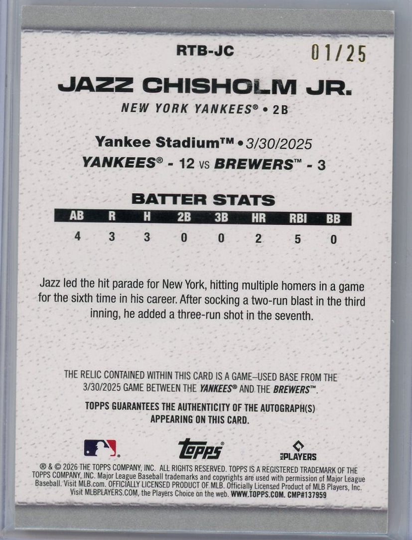 Jazz Chisholm Jr. 2026 Topps Series 2 Patch Autograph #'d 1/25
