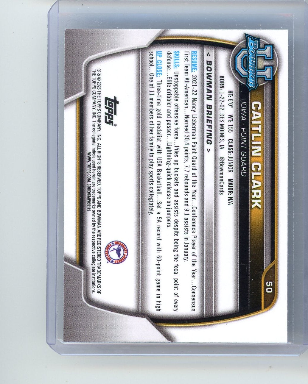 Caitlin Clark 2023 1st Bowman Chrome University