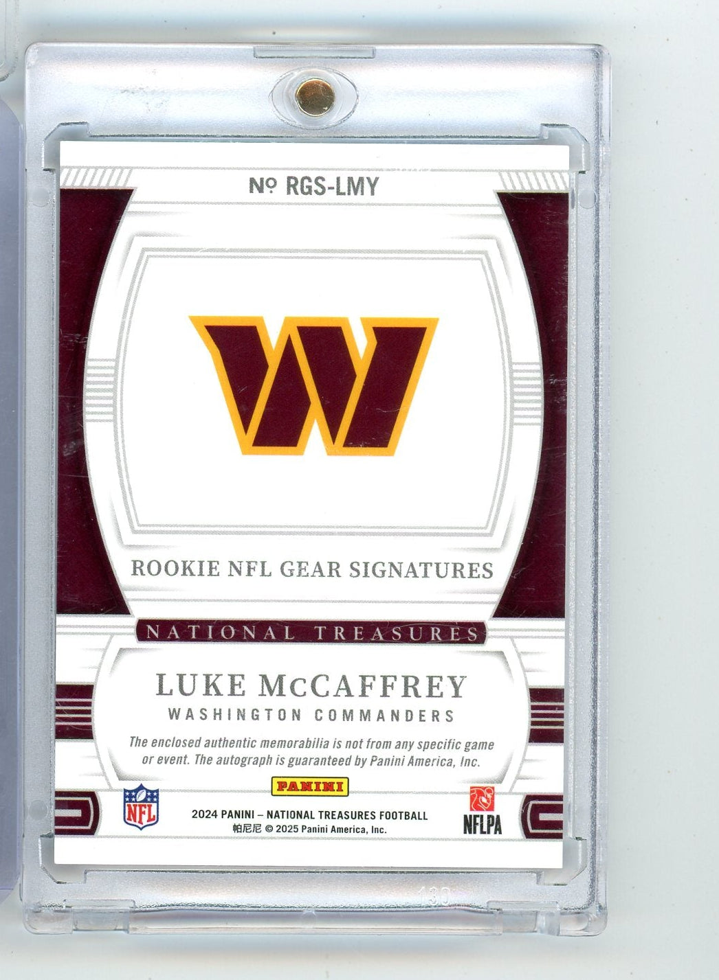 Luke McCaffrey 2024 Panini National Treasures Rookie Gear Signatures RPA #'d 89/99