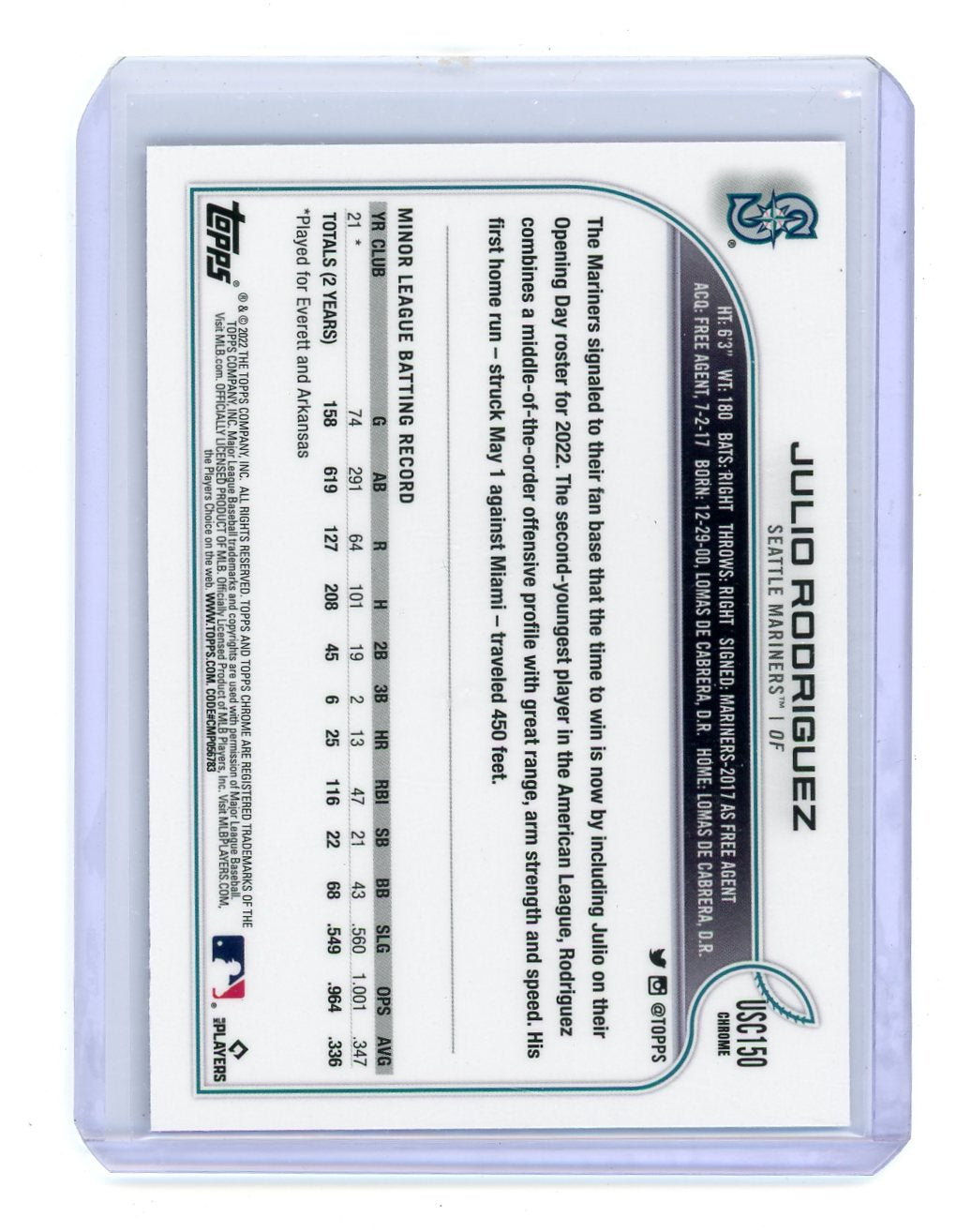 Julio Rodriguez 2022 Topps Chrome Update Purple RC #USC150