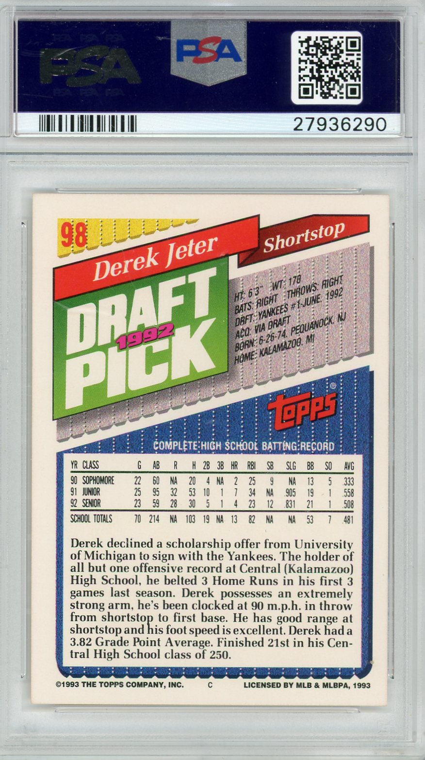 Derek Jeter 1993 Topps 1992 Draft Pick Florida Marlins Inaugural Year PSA 8.5
