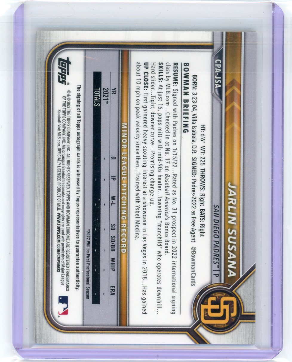 Jarlin Susana 2022 1st Bowman Chrome gold mini diamond auto #'d 10/50