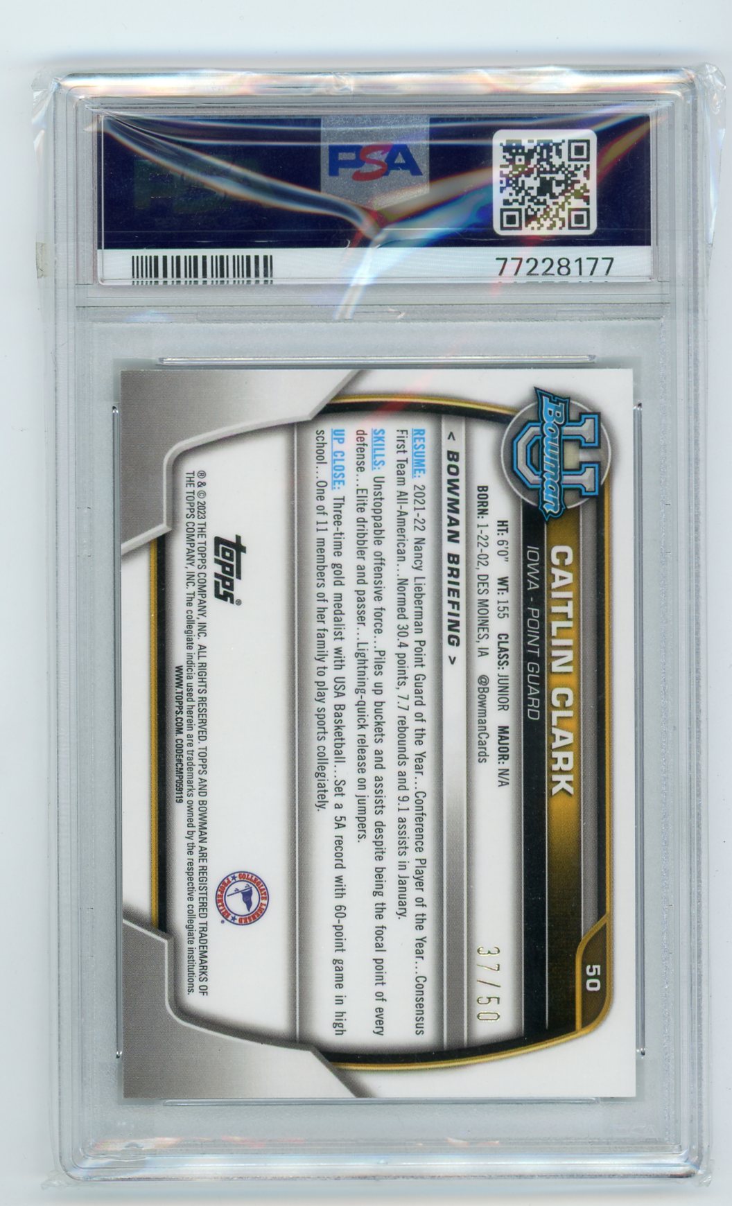 Caitlin Clark 2022-23 Bowman U Chrome 1st Gold Shimmer 37/50 PSA 10