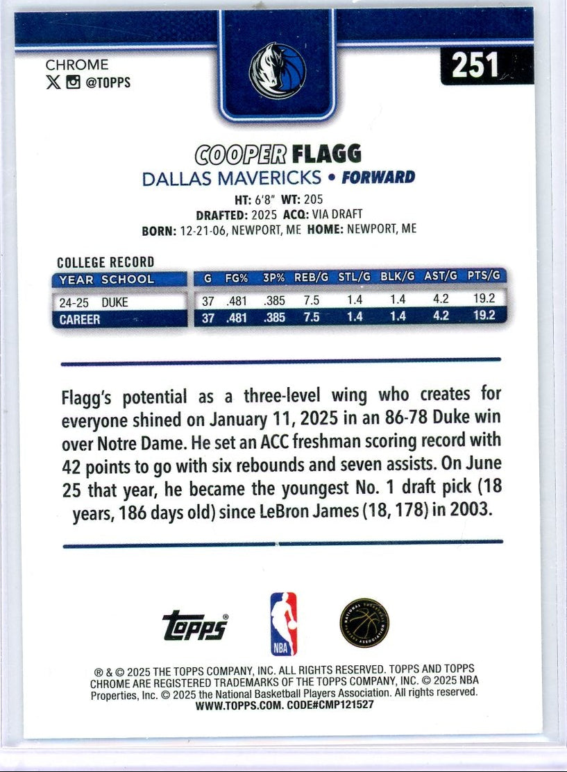 Cooper Flagg 2025 Topps Chrome Ray Wave Refractor RC