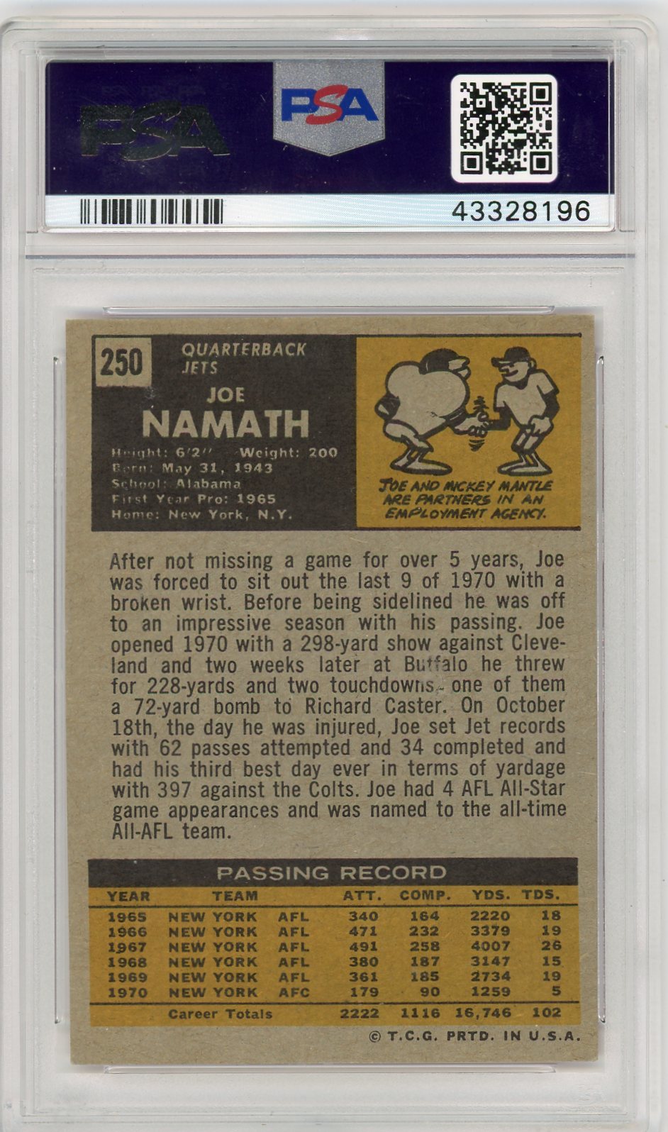 Joe Namath 1971 Topps #250 PSA 6