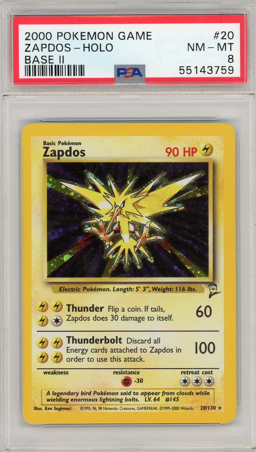 Zapdos 2000 Pokemon Base Set 2 holo #20/130 PSA 8