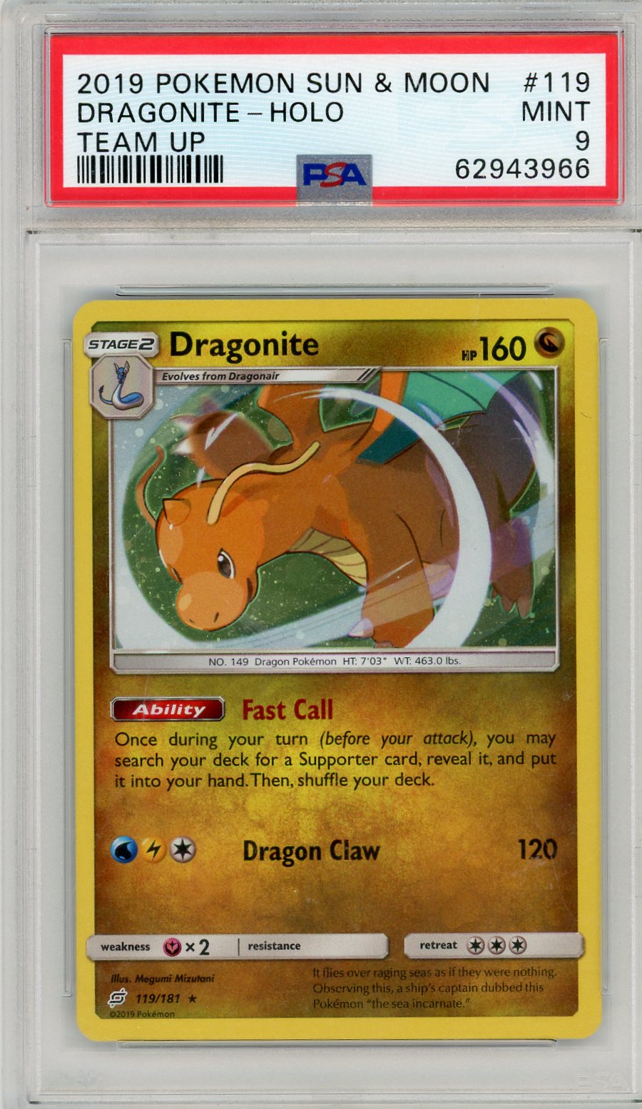 Dragonite 2019 Pokemon Team Up holo #119/181 PSA 9