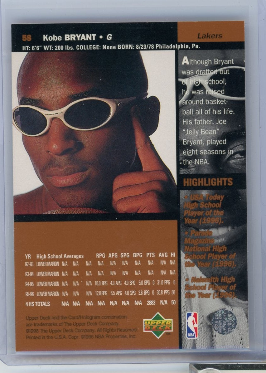 Kobe Bryant 1996 Upper Deck rookie card #58