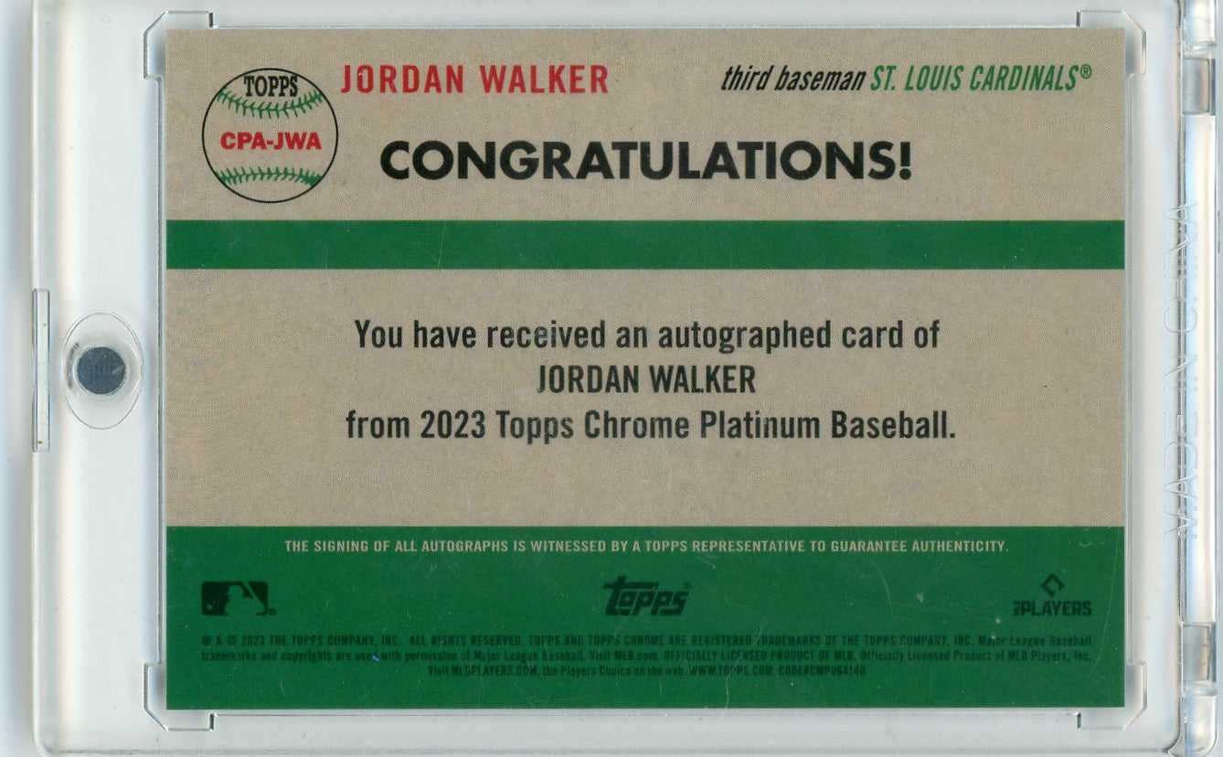 Jordan Walker 2023 Topps Chrome Platinum Tolie Cream / Blue Refractor Auto RC #'d 51/99