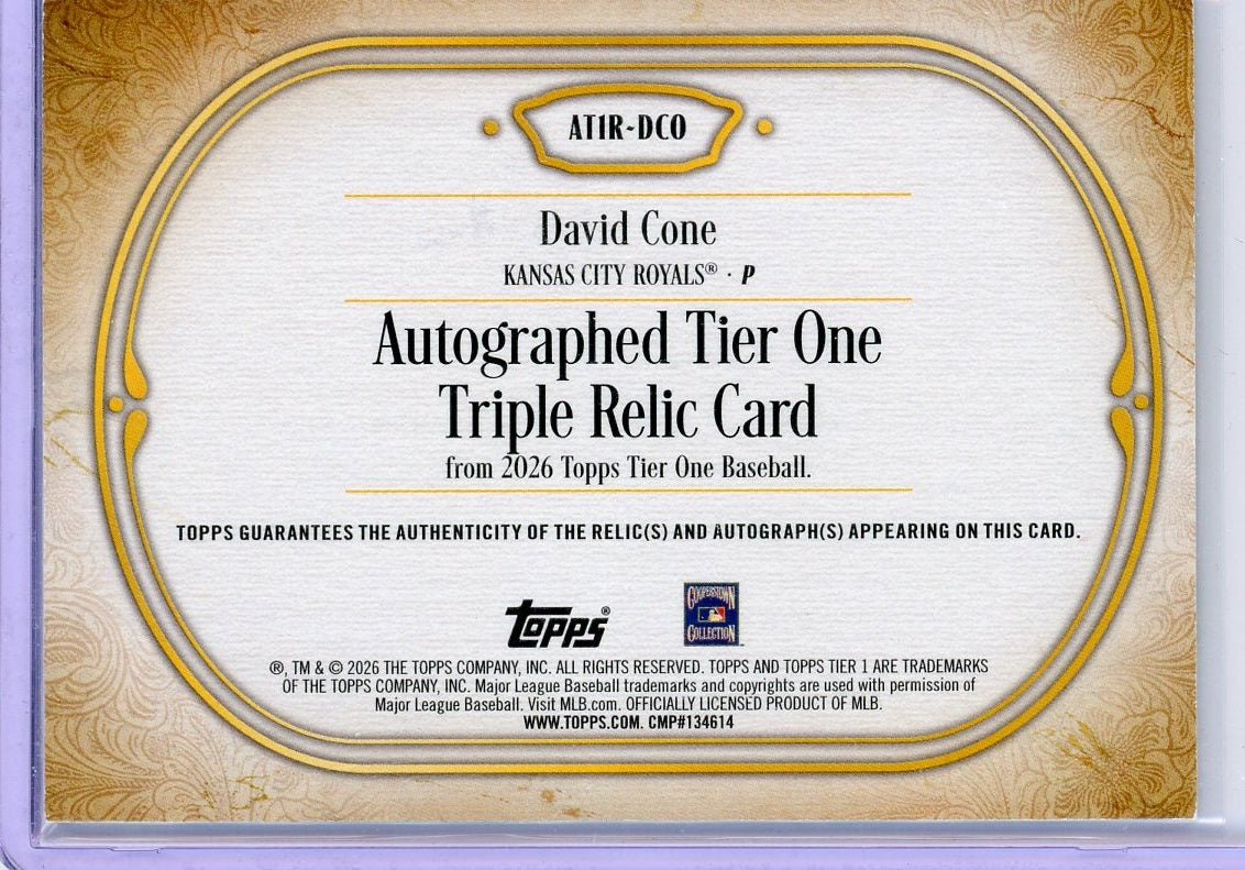 David Cone 2026 Topps Tier One Triple Relic Auto #AT1R-DCO #'d /49