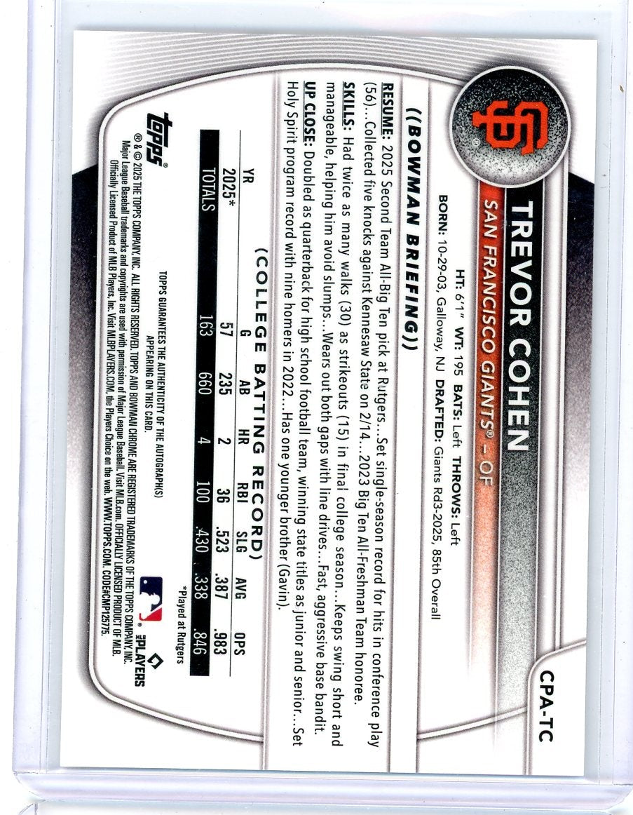 Trevor Cohen 2025 Bowman Chrome Draft 1st Bowman Mojo Autograph #'d 145/150