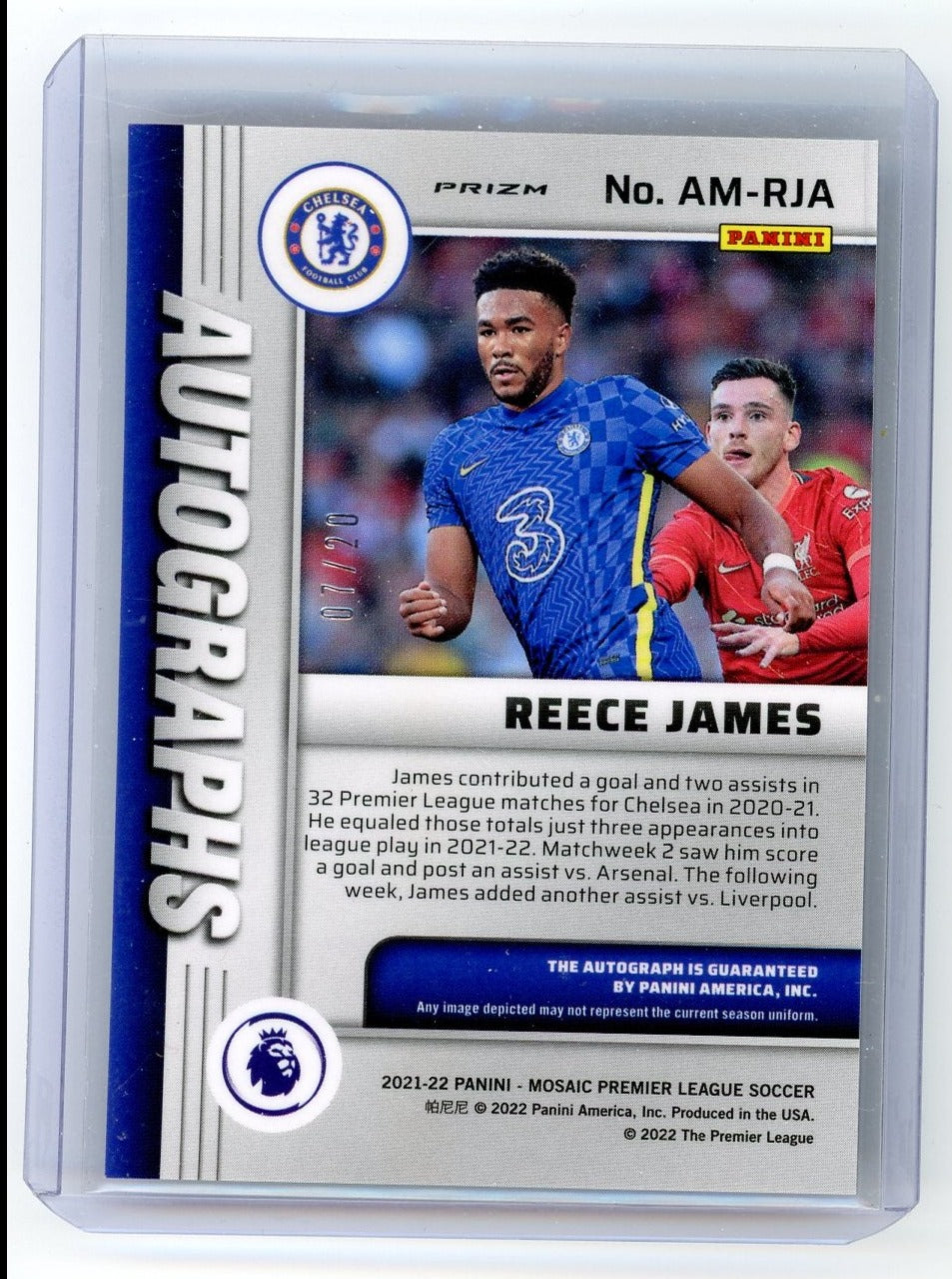 Reece James 2021-22 Panini Mosaic Premier League Autograph Orange Fluorescent #19/20