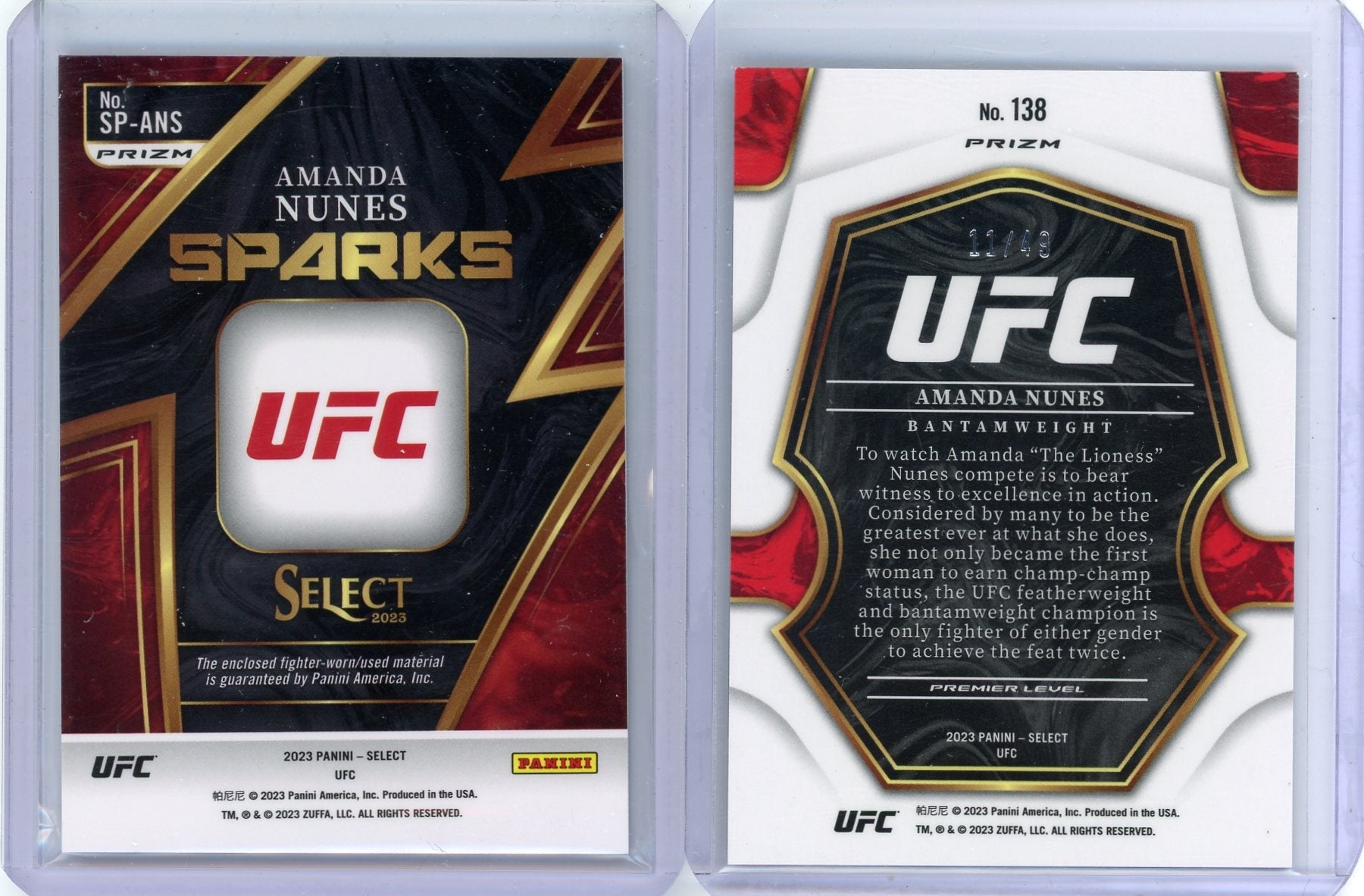 Amanda Nunes 2023 Select 2-card lot /49 + base relic