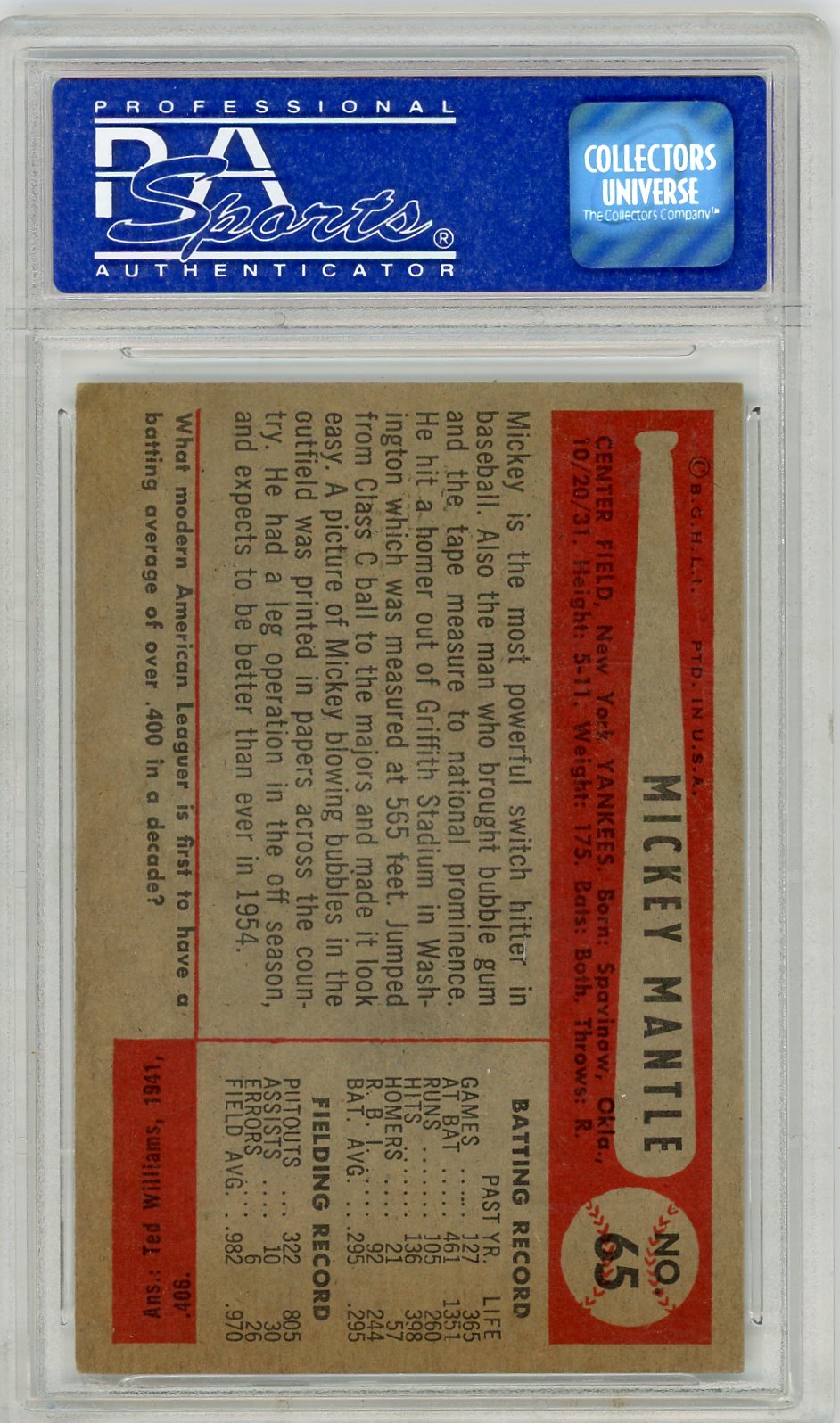 Mickey Mantle 1954 Bowman #65 PSA 5