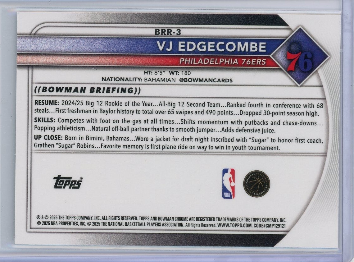 VJ Edgecomb 2025-26 Bowman Chrome Red Shield RC #BRR-3