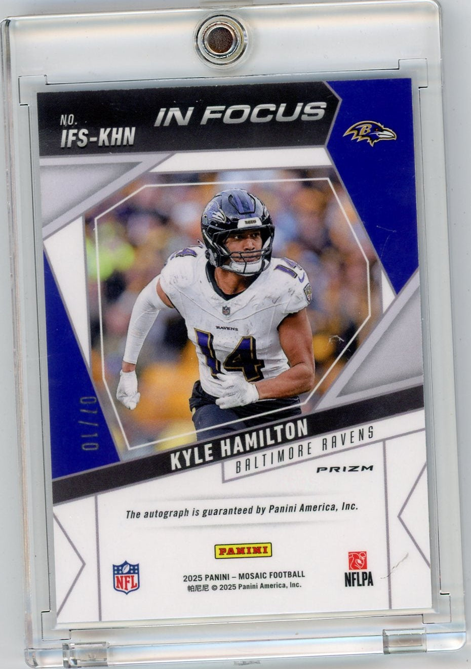 Kyle Hamilton 2025 Panini Mosaic In Focus Auto Gold #'d 07/10