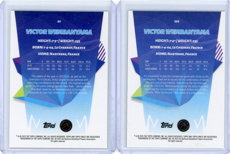 Victor Wembanyama 2024-25 Topps Finest Blue /99 + Purple X-fractor /150 2-card lot