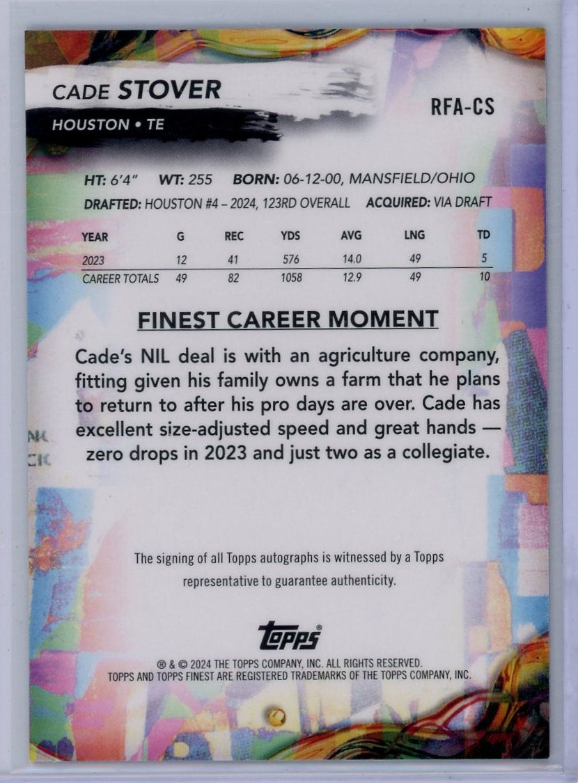 Cade Stover 2024 Topps Finest Auto Blue Checkerboard Refractor RC #'d 10/99