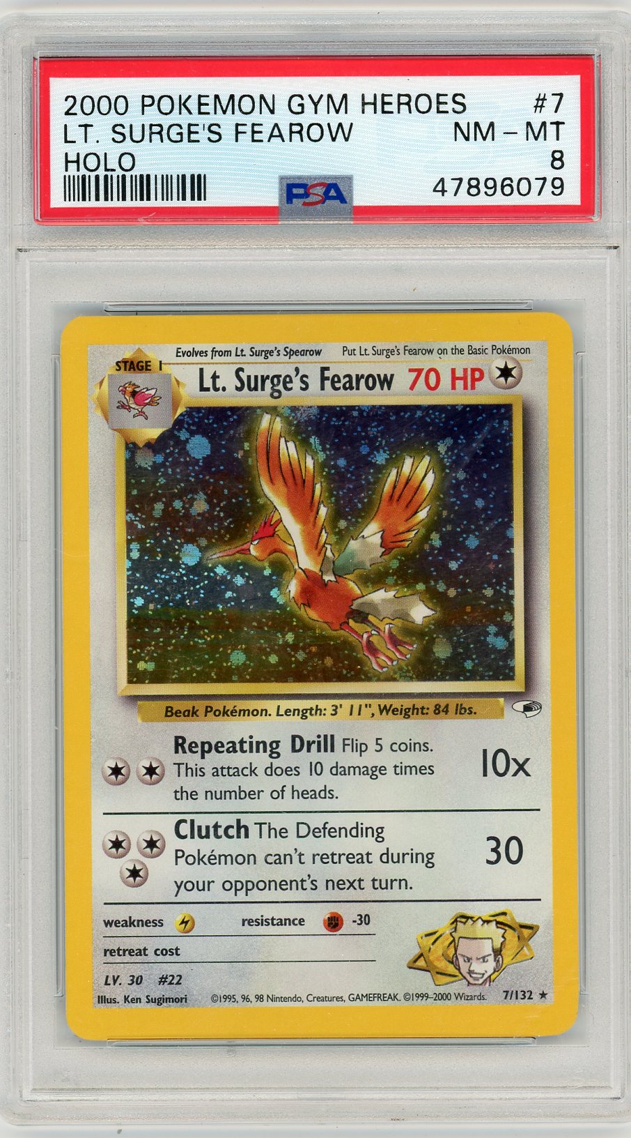 Lt. Surge's Fearow Holo Pokémon Gym Heroes #7 PSA 8